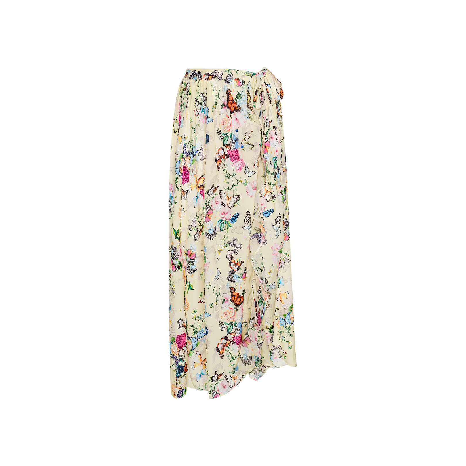 The Klaire Cover-Up Skirt is a long, flowy wrap maxi skirt with a white background adorned with a vibrant floral and butterfly print. Crafted from lightweight viscose chiffon, it features a gathered, tied waistband and offers a relaxed, draped fit.