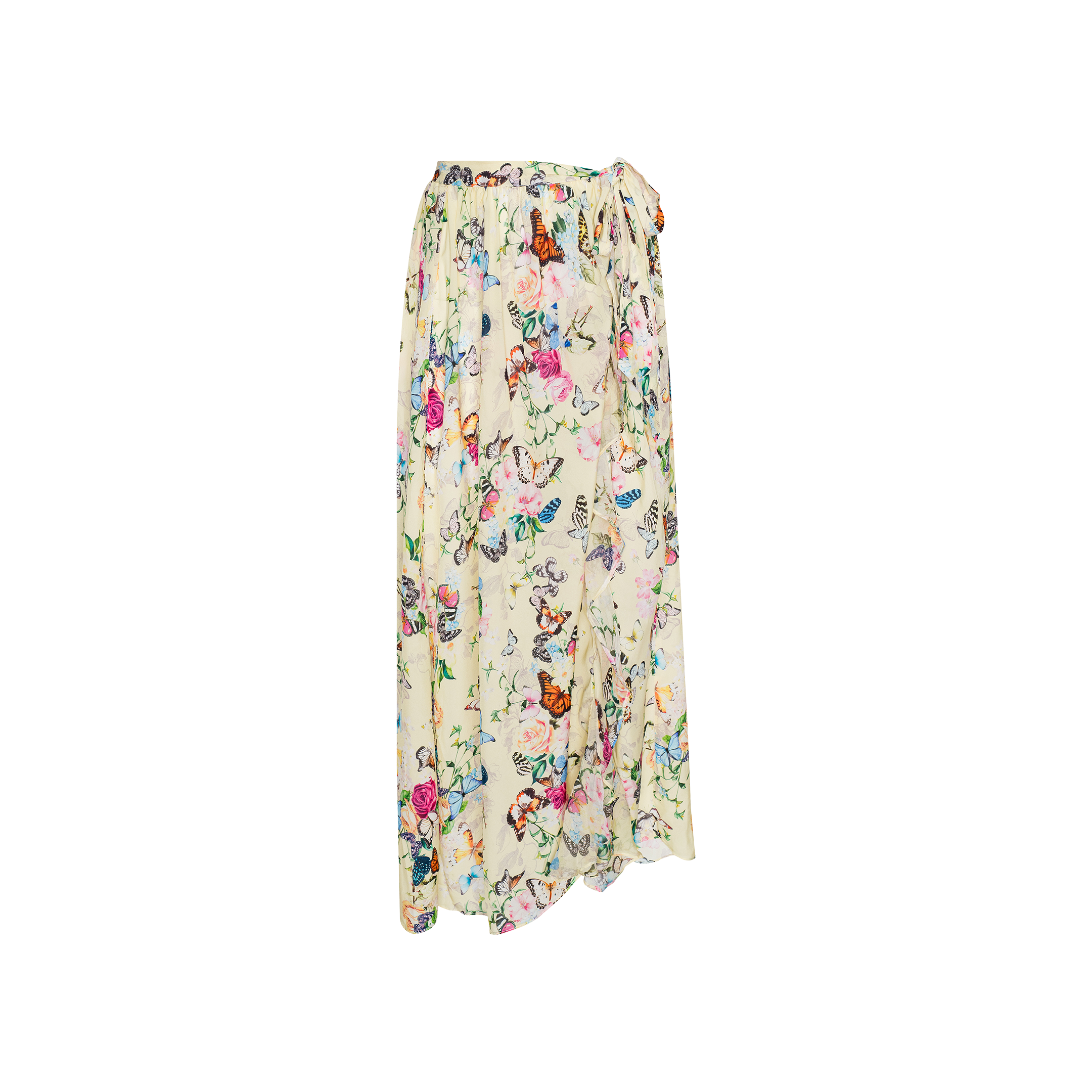 The Klaire Cover-Up Skirt is a long, flowy wrap maxi skirt with a white background adorned with a vibrant floral and butterfly print. Crafted from lightweight viscose chiffon, it features a gathered, tied waistband and offers a relaxed, draped fit.