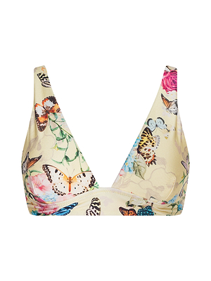 The Lexie Bikini Top features a colorful butterfly and floral print on light beige, with a plunging neckline, wide shoulder straps, and adjustable straps for the perfect fit.