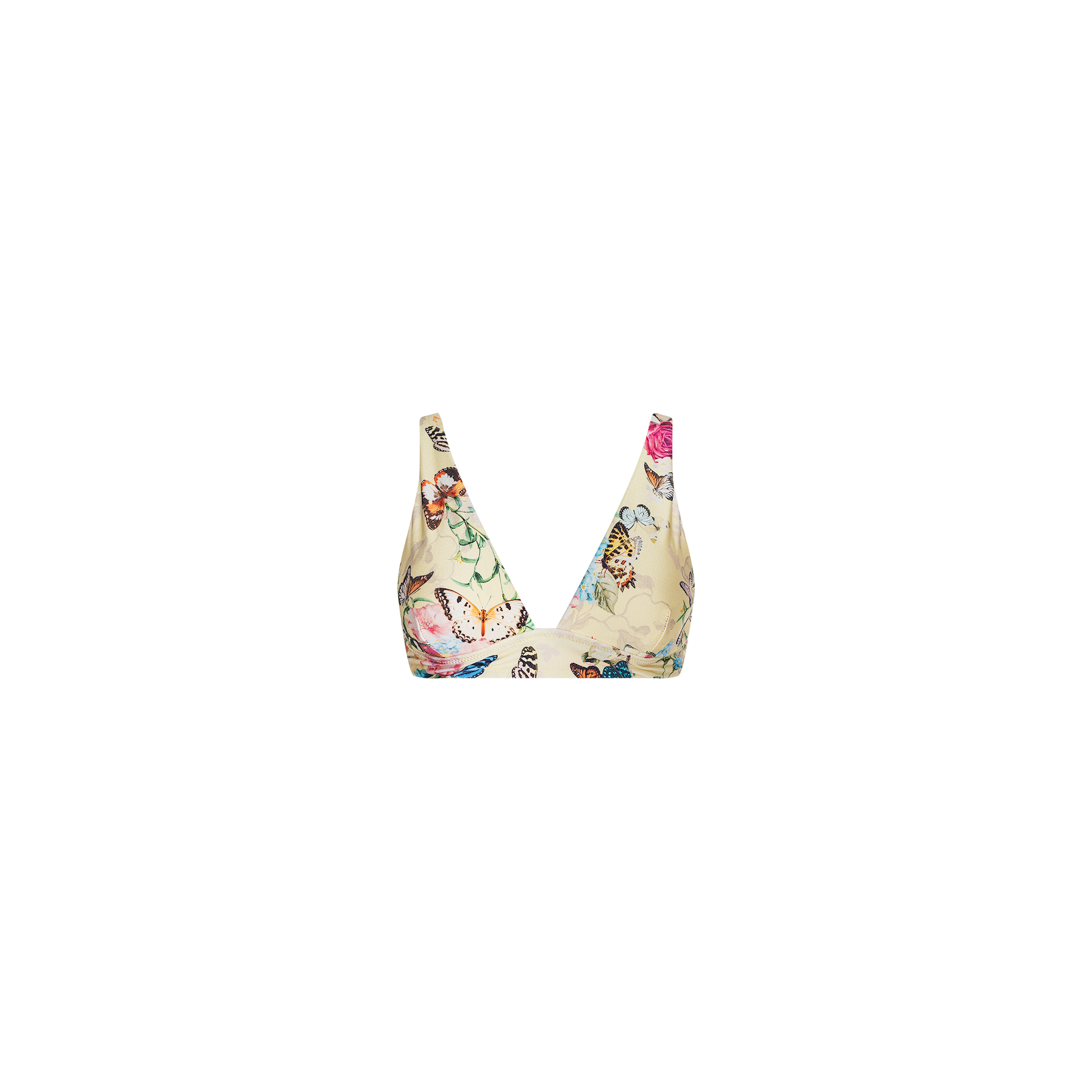 Lexie Bikini Top featuring a plunging neckline and adjustable straps, adorned with a vibrant floral and butterfly print in beige, showcased against a plain white background.