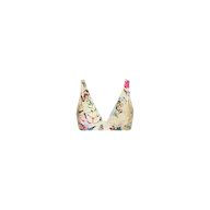 The Lexie Bikini Top is cream-colored with a vibrant floral and butterfly print, featuring a deep V-neckline and wide adjustable straps. It is displayed against a plain white background.