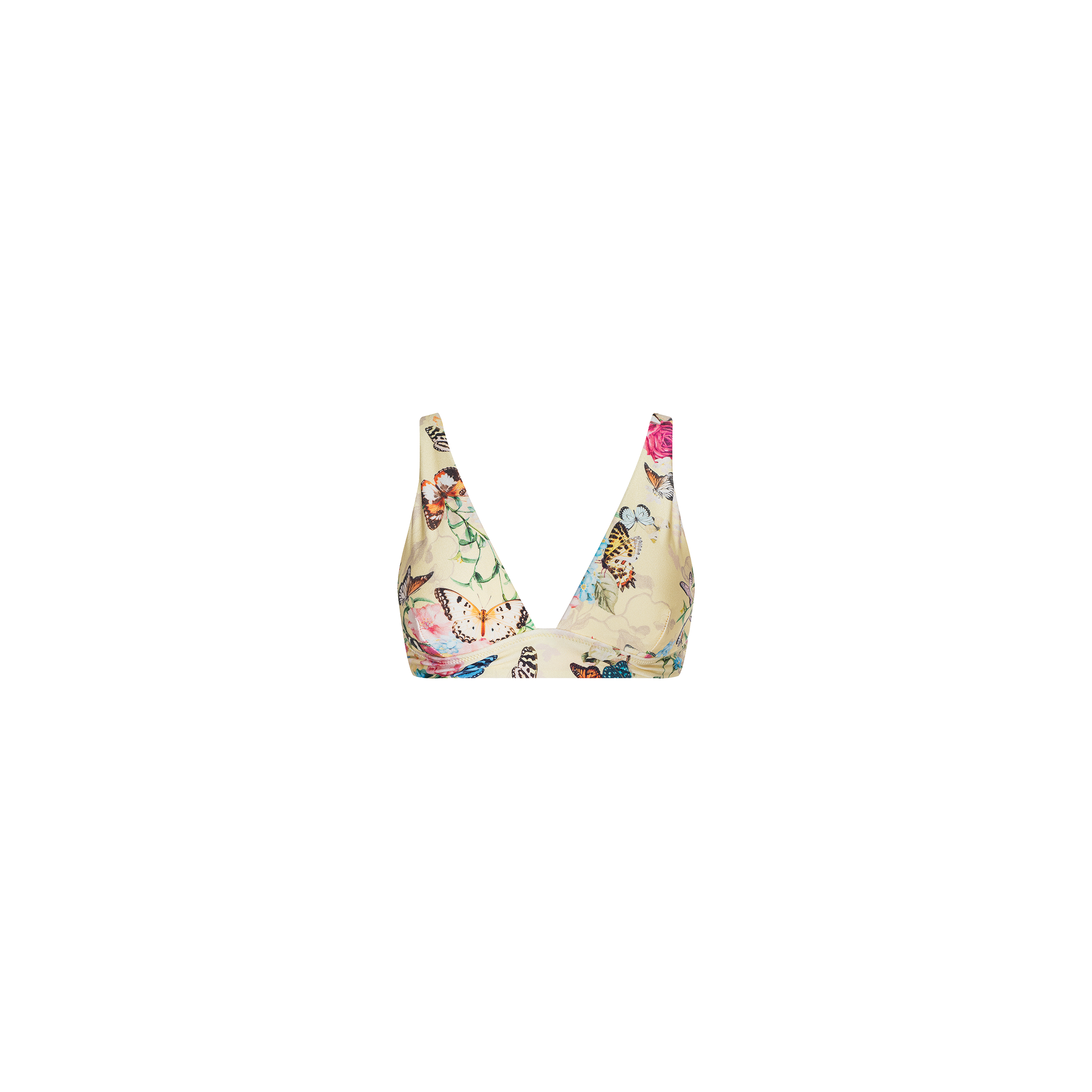 The Lexie Bikini Top is cream-colored with a vibrant floral and butterfly print, featuring a deep V-neckline and wide adjustable straps. It is displayed against a plain white background.