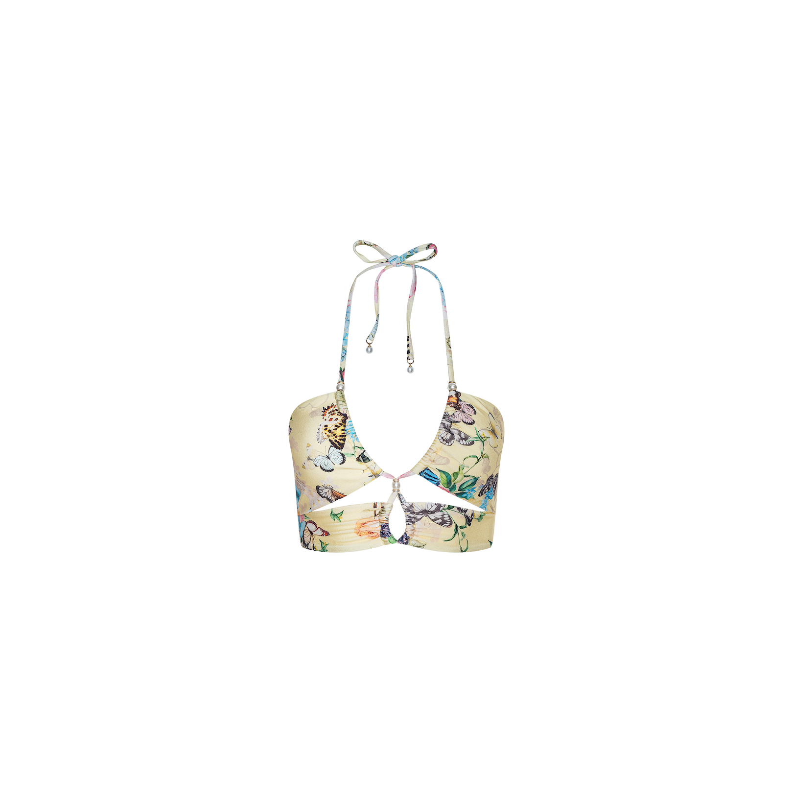The Sirena Bikini Top features a floral and butterfly print in pastel tones on a light background, designed with a halter neckline, front cut-out detail, and delicate adjustable straps.