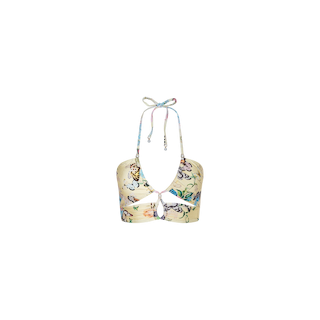 The Sirena Bikini Top features a floral and butterfly print in pastel tones on a light background, designed with a halter neckline, front cut-out detail, and delicate adjustable straps.