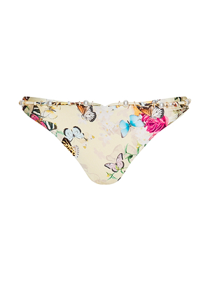 The Jean Bikini Bottom is a yellow low-rise style with butterfly and floral prints, featuring a high-leg cut and small pearl beads along the waistband.