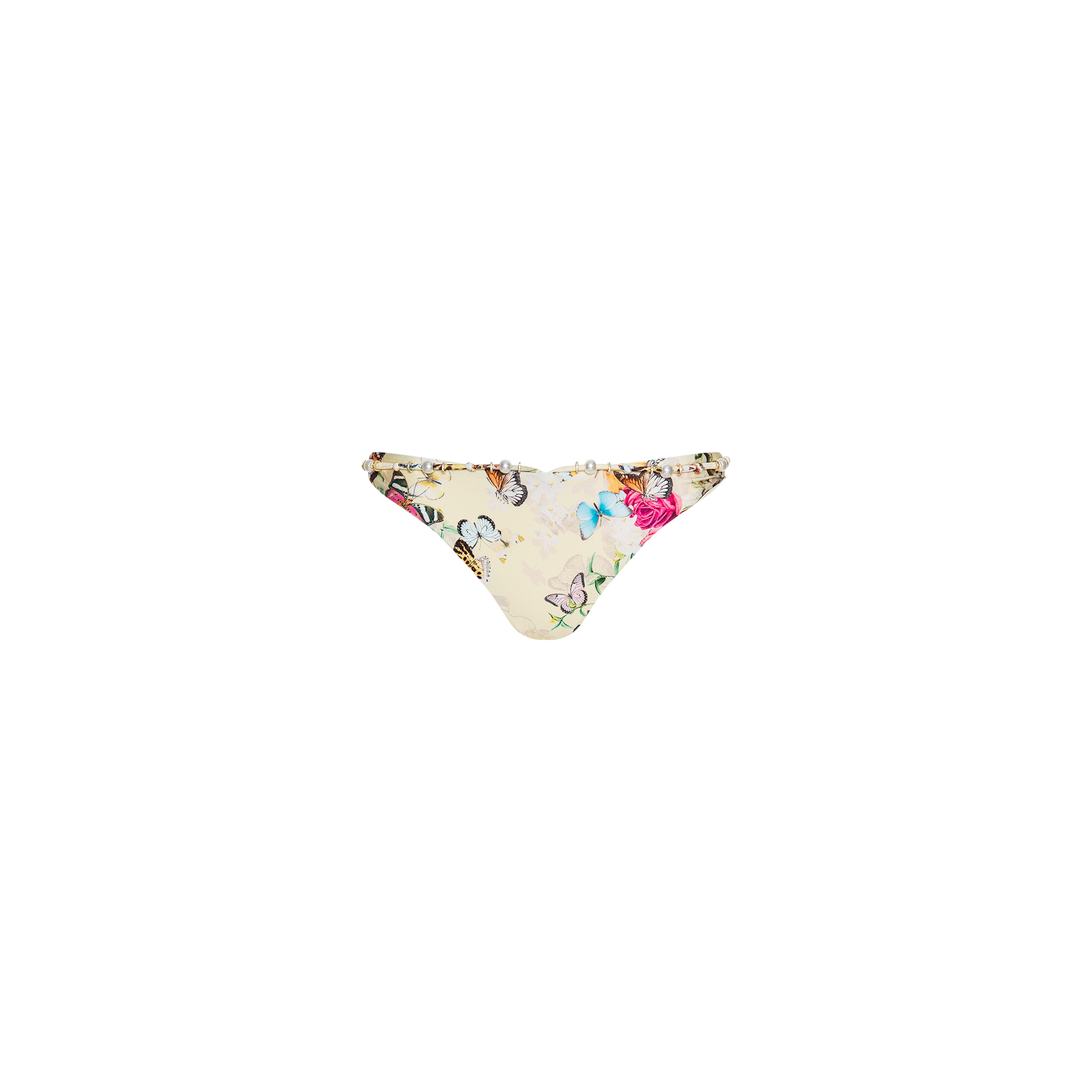 Jean Bikini Bottom featuring a vibrant butterfly print and colorful floral patterns on a light background, displayed against a plain white backdrop. Designed with a flattering high-leg cut for both style and comfort.