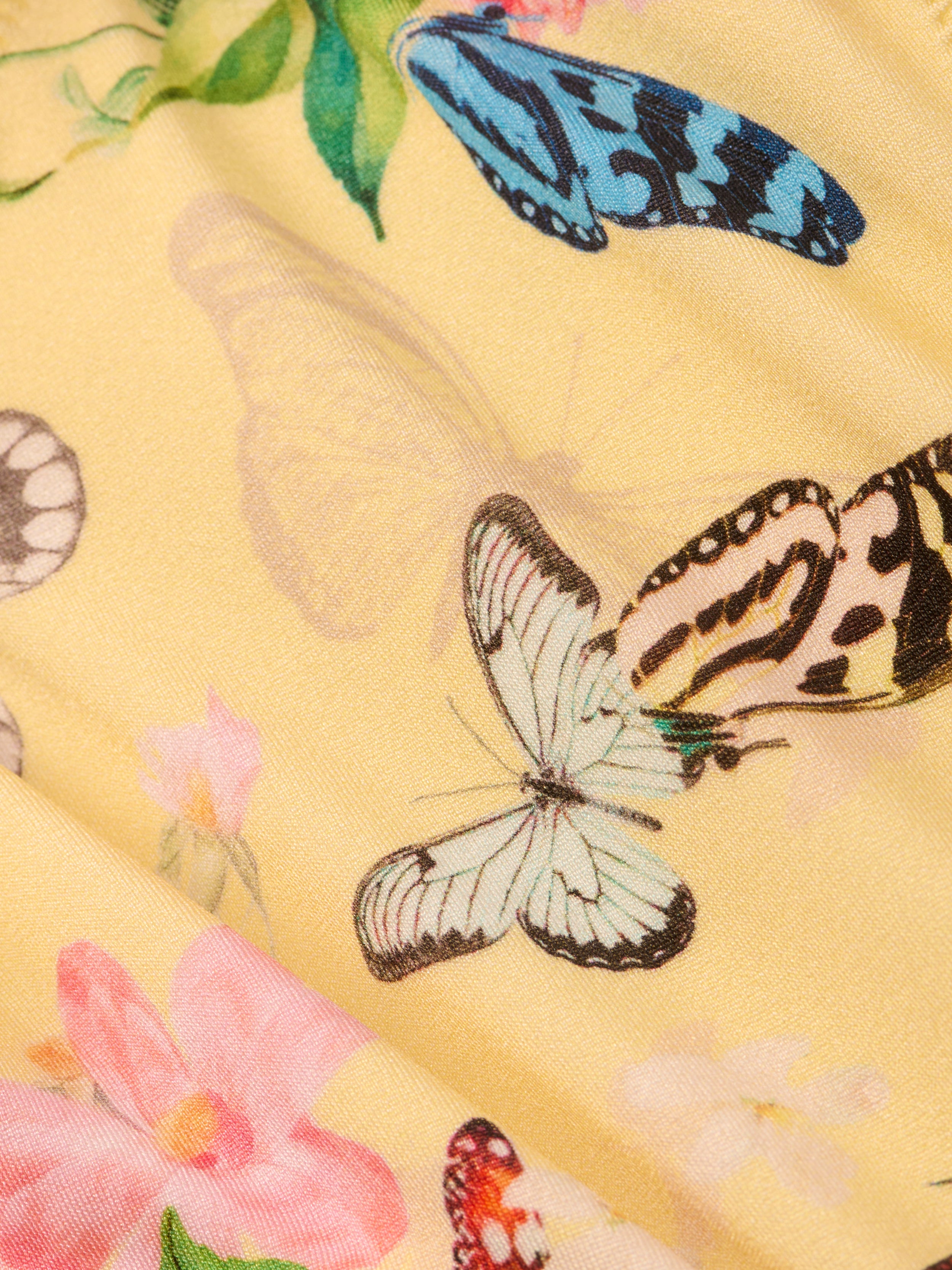 Close-up of the Nicole Bikini Bottom’s yellow fabric, showcasing a delicate and vibrant pattern with multicolored butterfly prints—featuring blue and white—and pink flowers.