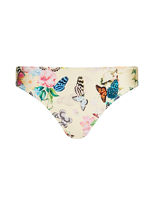 The Nicole Bikini Bottom features a vibrant butterfly and floral print on a light beige background, crafted from stretch nylon for comfortable wear.