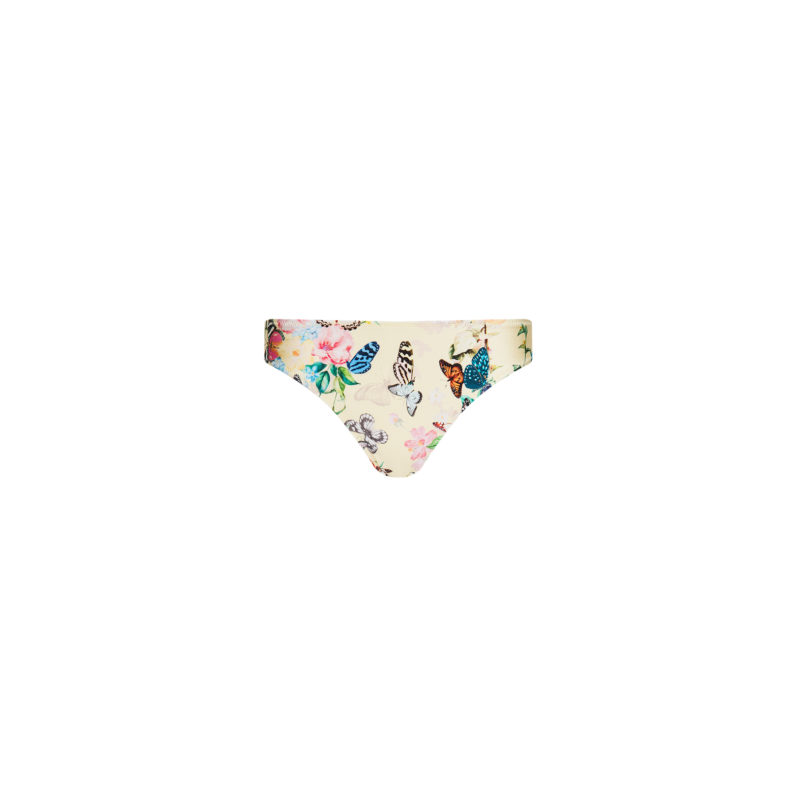 Nicole Bikini Bottom in a light cream shade, featuring a floral and butterfly print with moderate coverage and UPF 50 swimwear protection, shown on a plain white background.