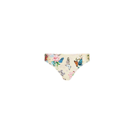 Nicole Bikini Bottom in a cream shade, featuring a vibrant butterfly print and colorful floral design. This UPF 50 swimwear provides moderate coverage and combines stylish sun protection, displayed on a white background.