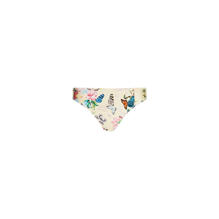 Nicole Bikini Bottom in a light cream shade, featuring a floral and butterfly print with moderate coverage and UPF 50 swimwear protection, shown on a plain white background.