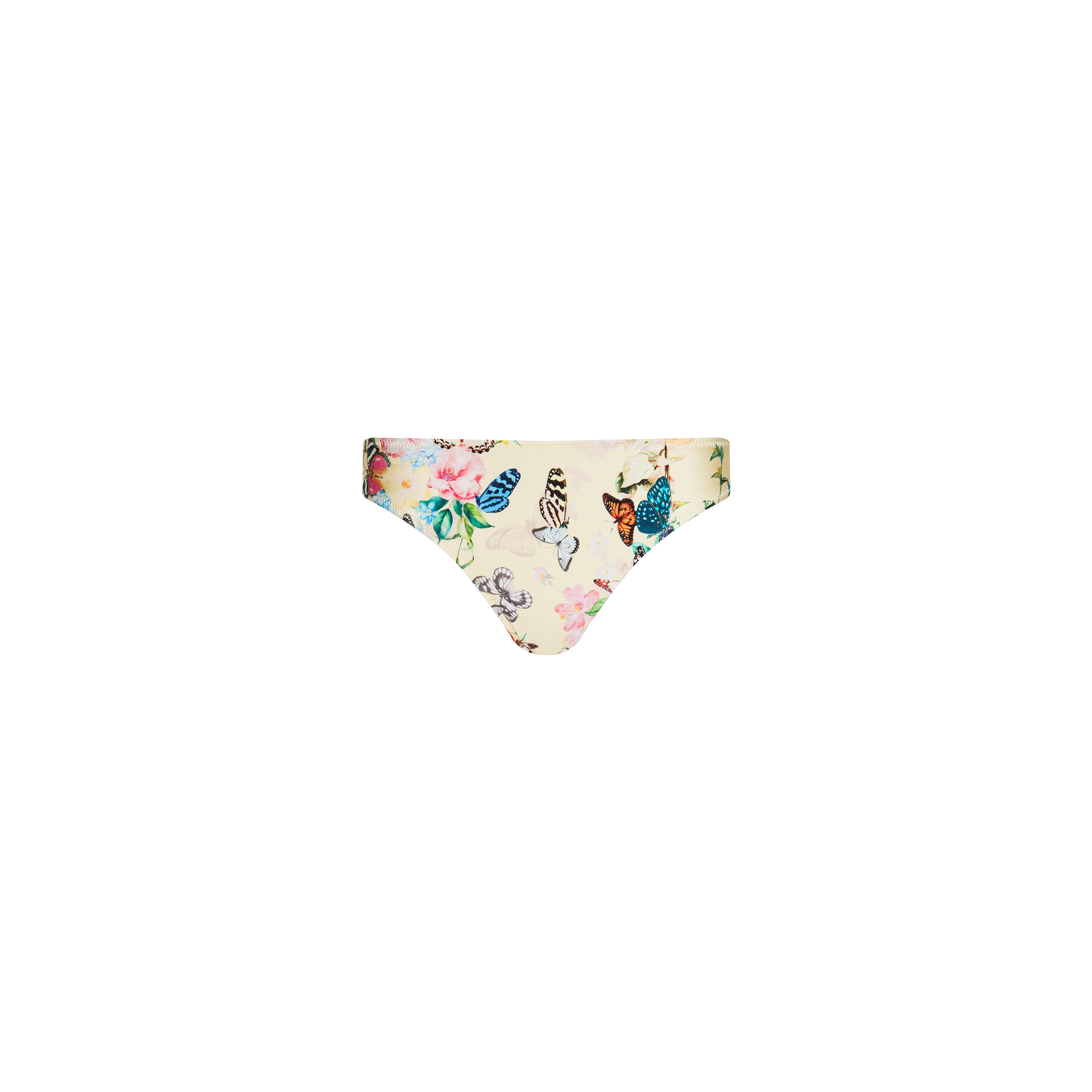 Nicole Bikini Bottom in a cream shade, featuring a vibrant butterfly print and colorful floral design. This UPF 50 swimwear provides moderate coverage and combines stylish sun protection, displayed on a white background.