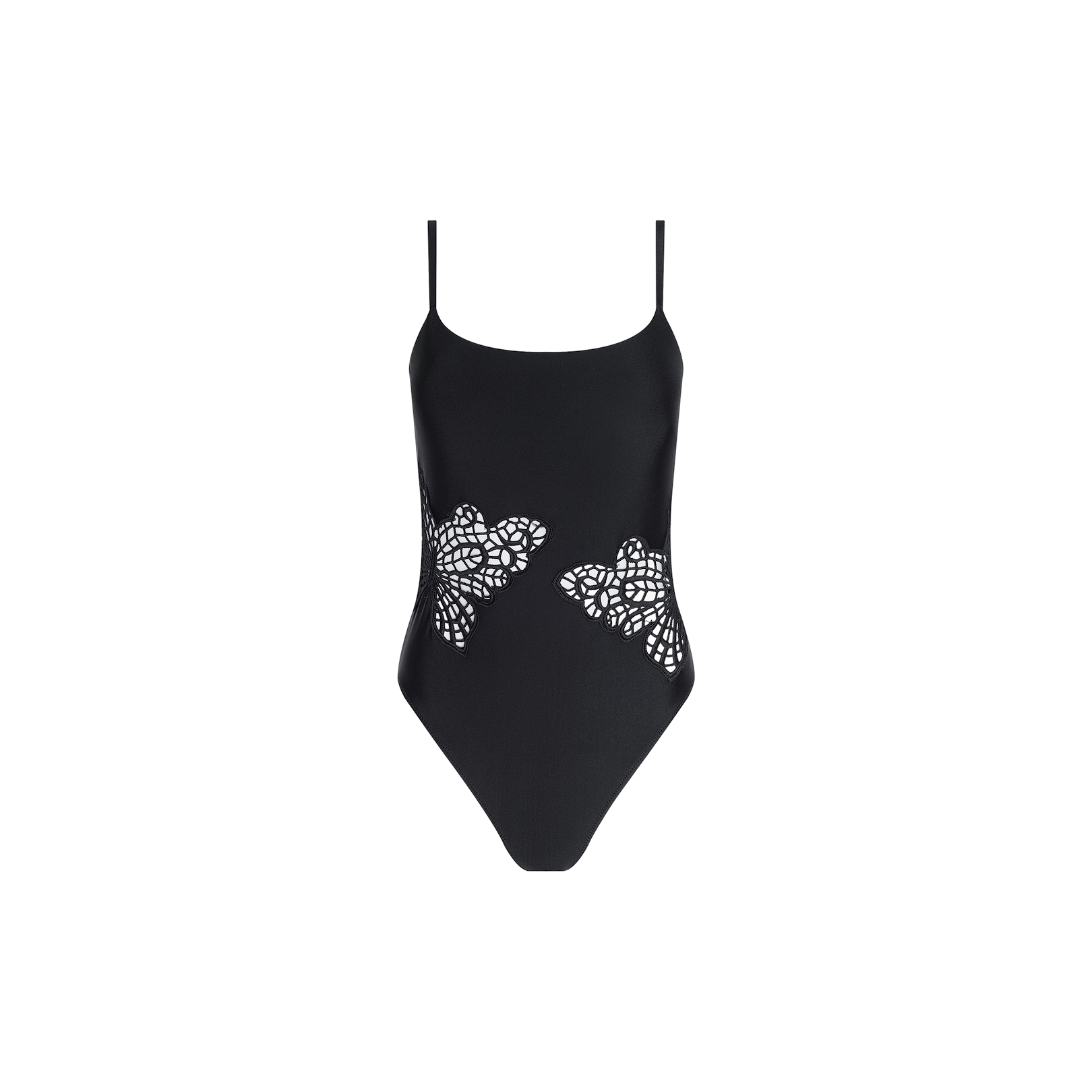 The Remi One-Piece Swimsuit features a chic black design with thin shoulder straps and symmetrical floral cutout patterns on both sides of the waist, blending poolside glamour with classic elegance. Delicate crochet butterfly detailing subtly enhances the sleek silhouette, all showcased against a plain white background.