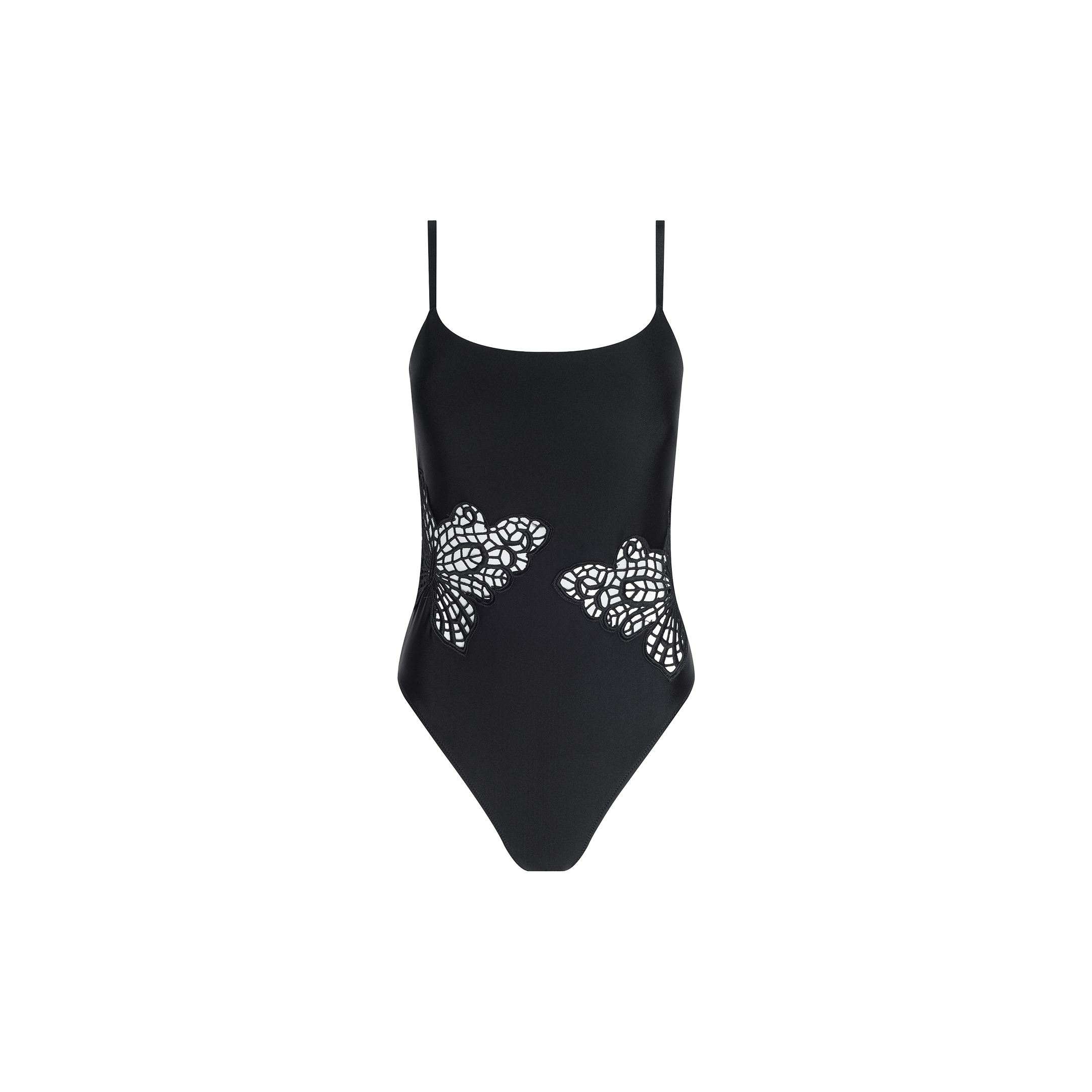 Remi One-Piece Swimsuit in black, featuring thin straps and intricate floral cutout designs along both sides of the waist for a glamorous poolside look, showcased against a plain white background.