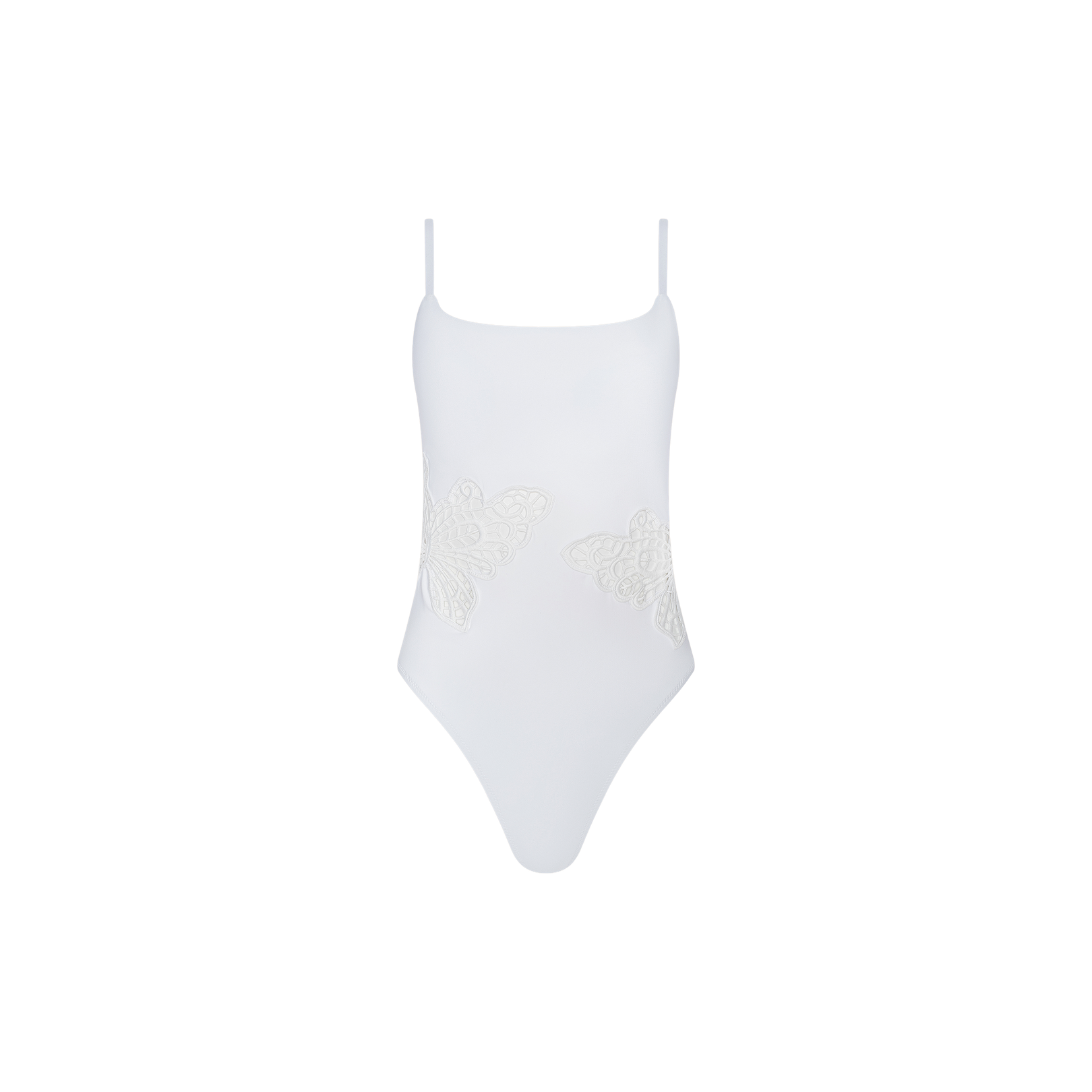 The Remi One-Piece Swimsuit is a white maillot style featuring thin shoulder straps and two textured butterfly appliqué designs on the front.