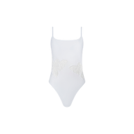 The Remi One-Piece Swimsuit is a white maillot style featuring thin shoulder straps and two textured butterfly appliqué designs on the front.