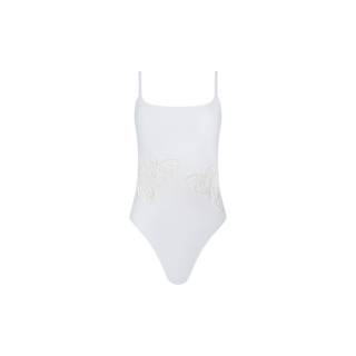 The Remi One-Piece Swimsuit is a white maillot style featuring thin shoulder straps and two textured butterfly appliqué designs on the front.