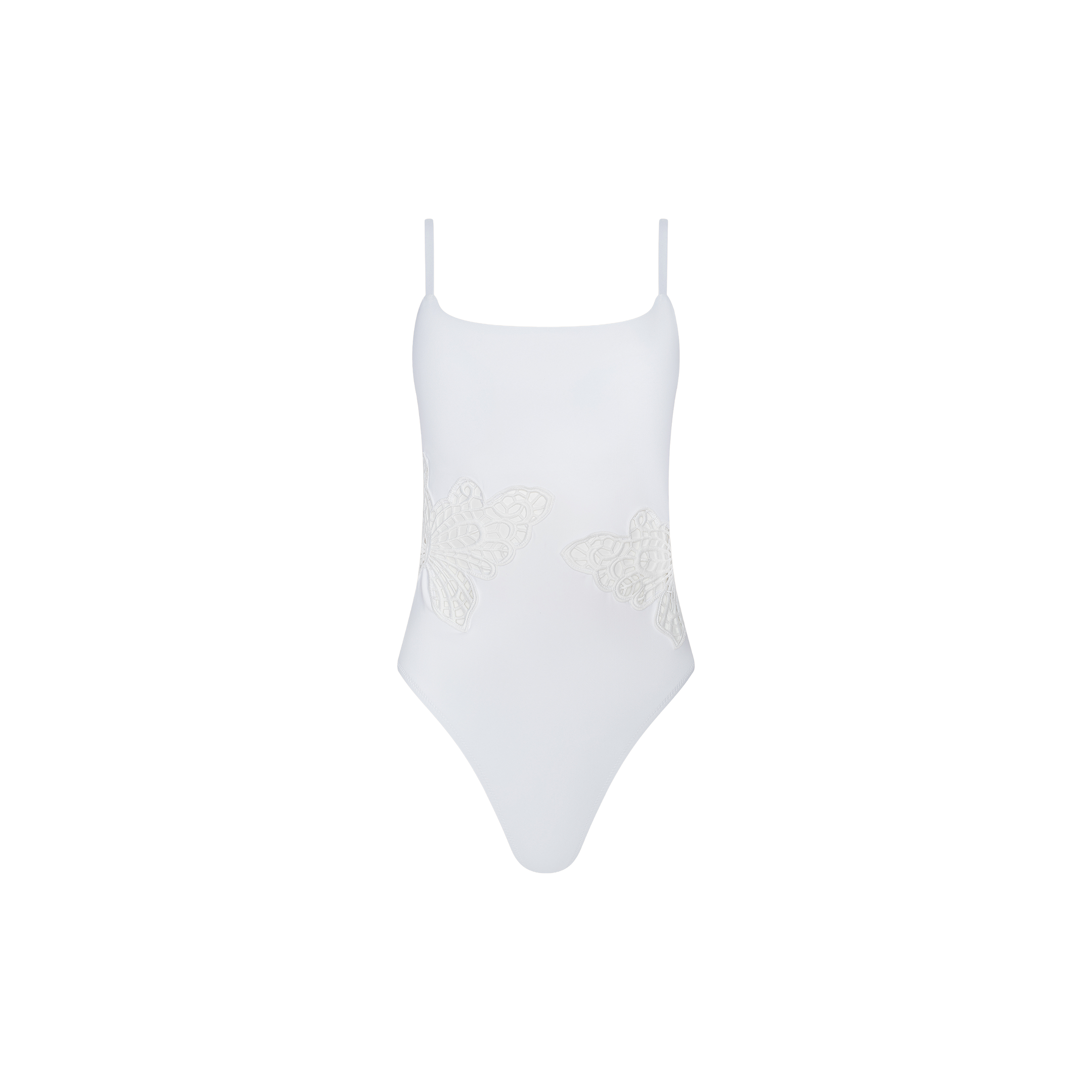 The Remi One-Piece Swimsuit is a white maillot style featuring thin shoulder straps and two textured butterfly appliqué designs on the front.