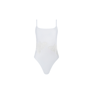 Remi One-Piece Swimsuit in white, designed with a high-leg cut, delicate thin shoulder straps, and subtle butterfly appliqué detail on both sides of the waist, showcased against a plain white background.