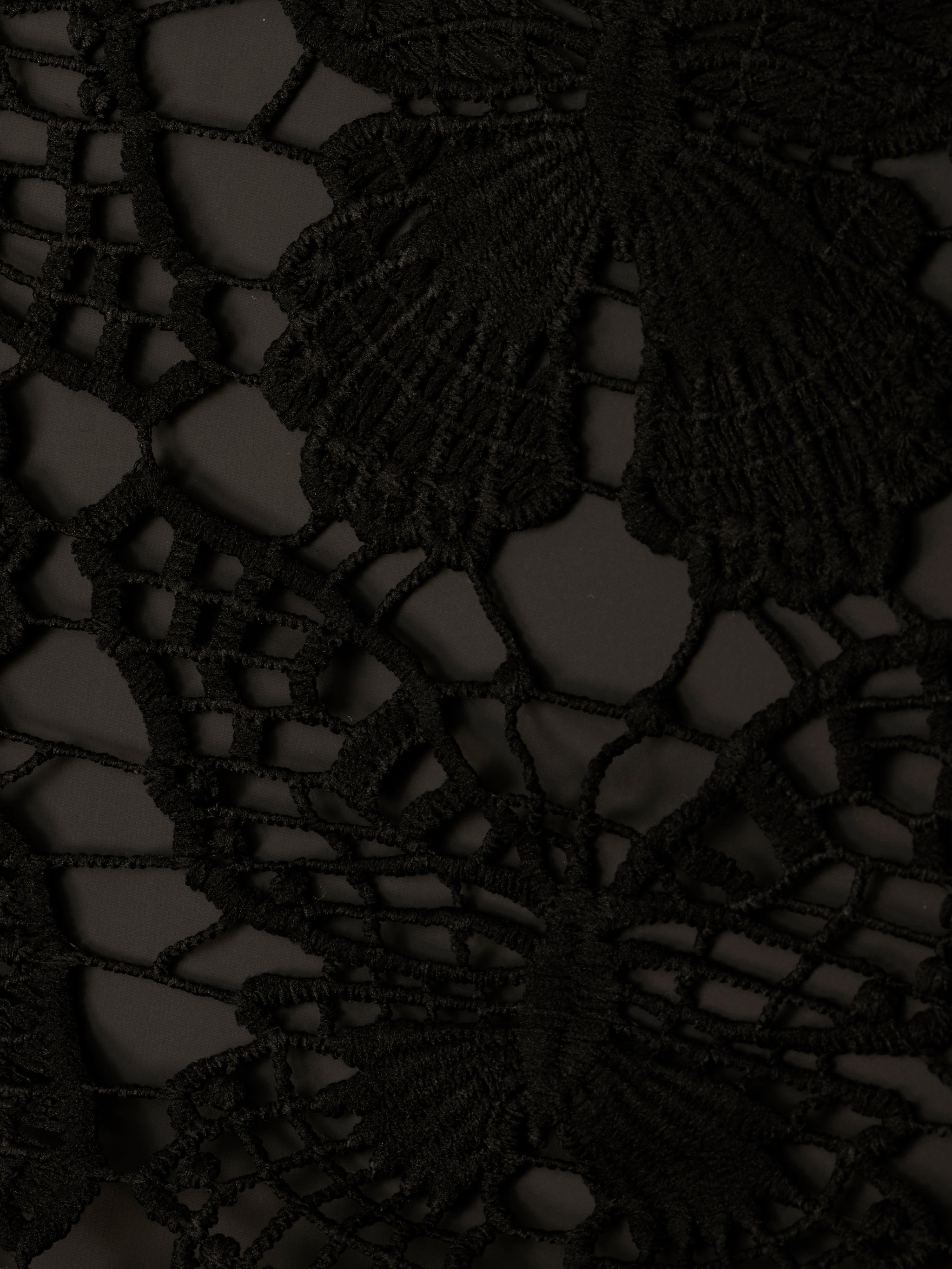 Close-up of the Janus Cover-Up Robe in black lace fabric, showcasing an intricate butterfly crochet pattern with delicate threads forming detailed wings and a finely textured appearance.