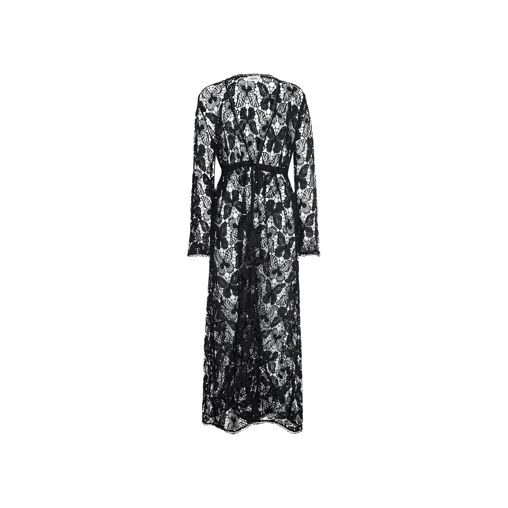 The Janus Cover-Up Robe is a long-sleeved, floor-length black lace maxi beach dress featuring a see-through floral pattern and a defined waistband, displayed on a plain white background.