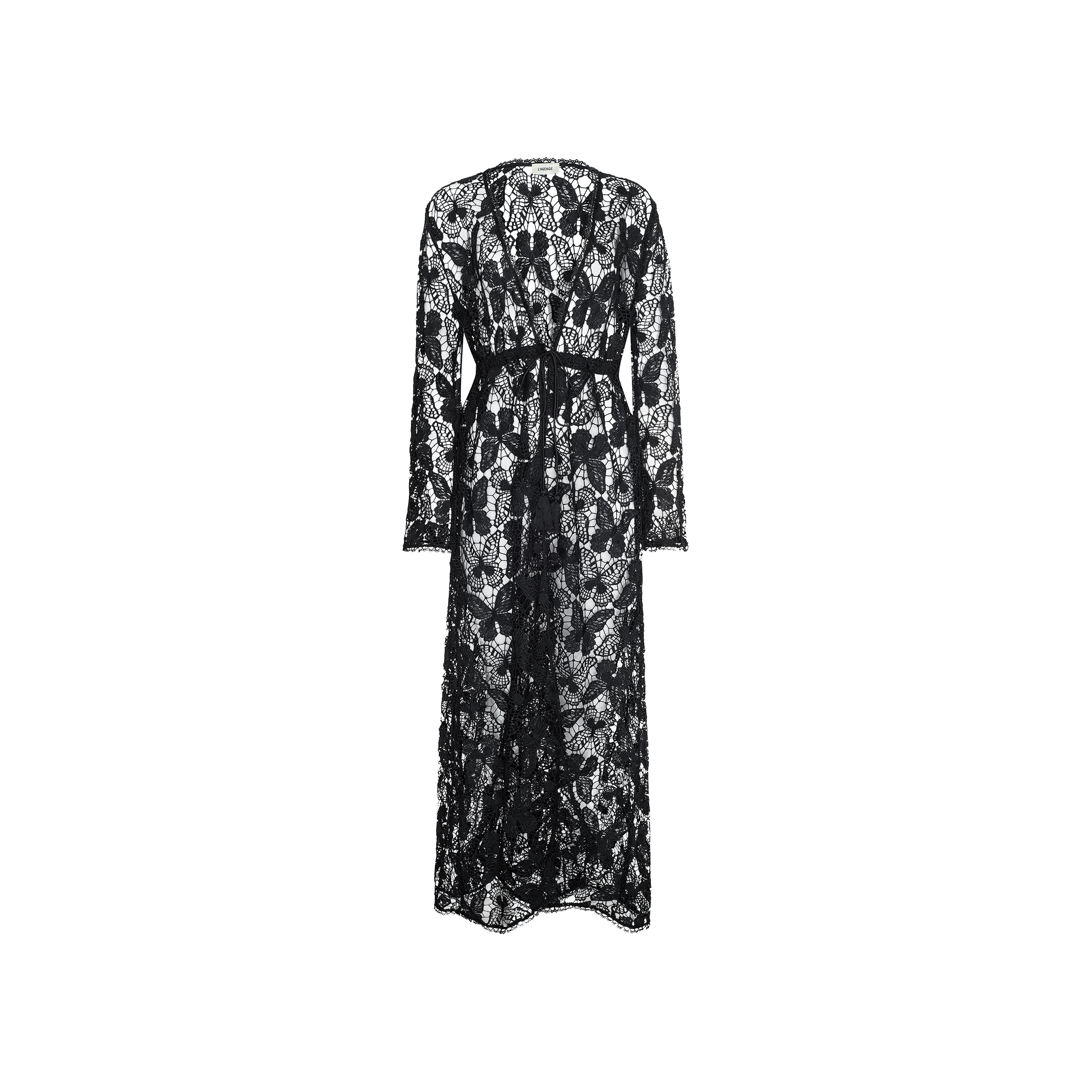 The Janus Cover-Up Robe is a long-sleeved, floor-length black lace maxi beach dress featuring a see-through floral pattern and a defined waistband, displayed on a plain white background.