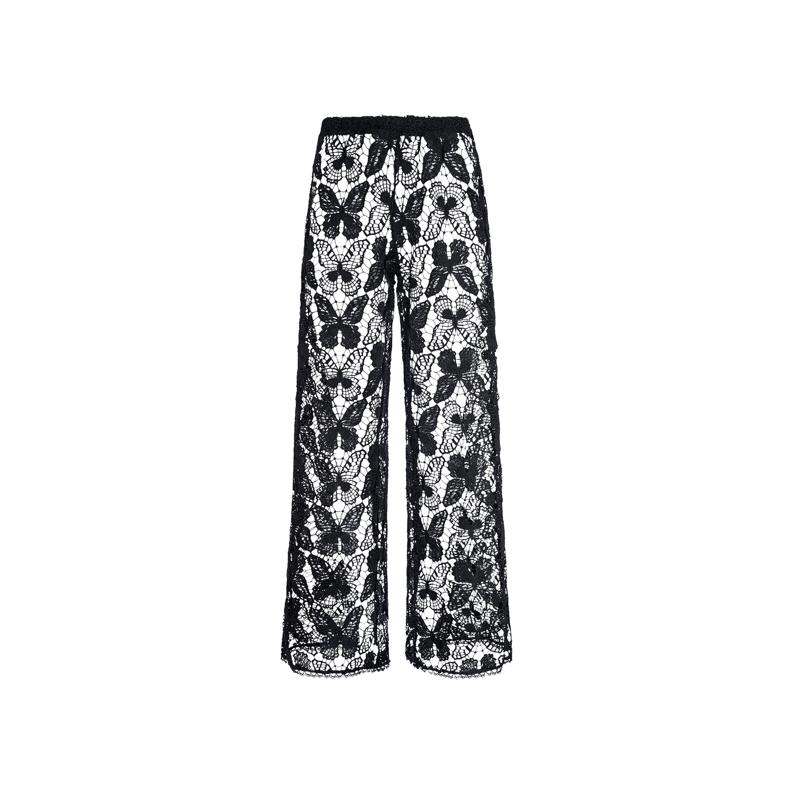 The Geraldine Cover-Up Pant showcases a relaxed bohemian vibe with its black, wide-leg design crafted entirely from sheer floral lace. Featuring a high waist and loose fit, these resort-ready pants are displayed against a plain white background.