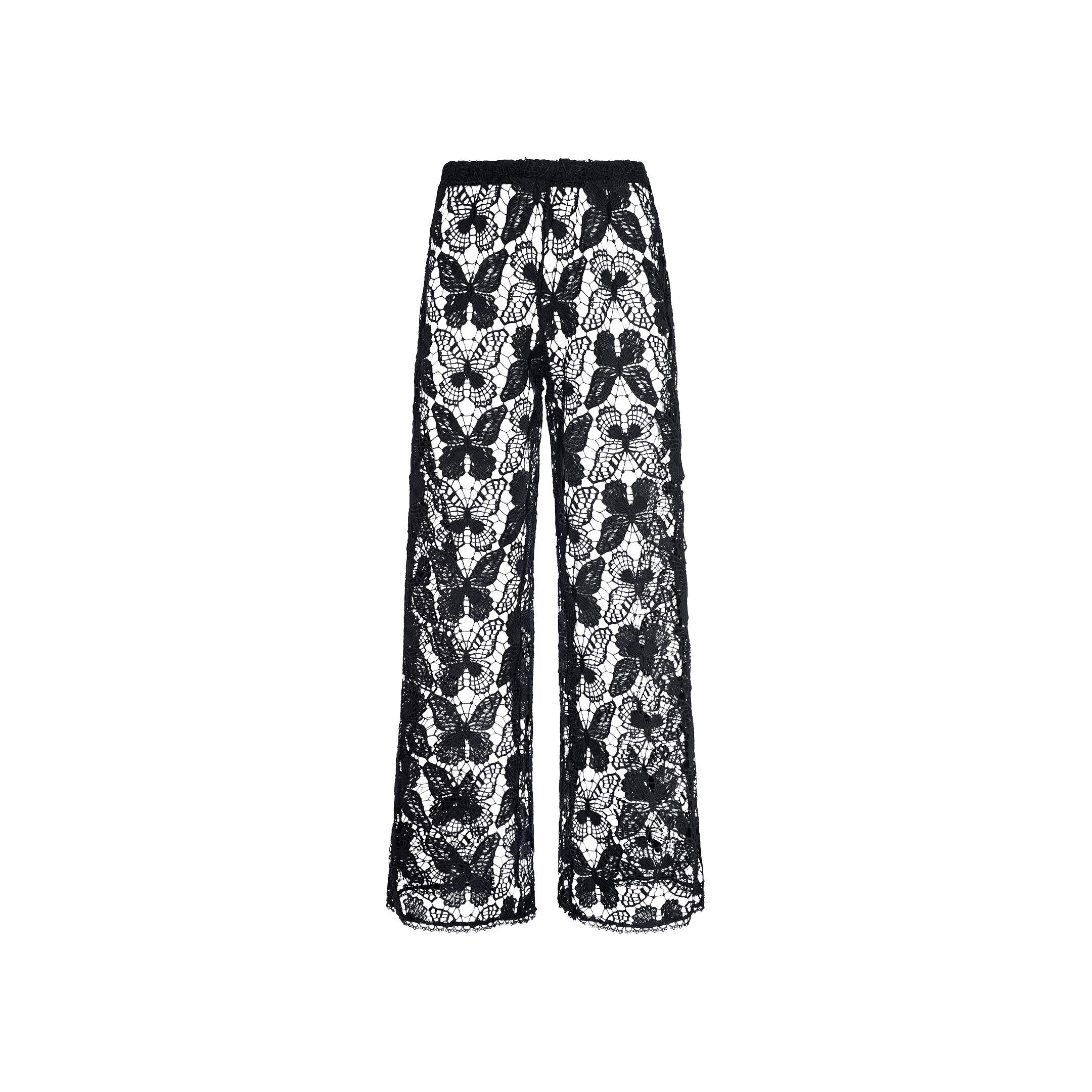 The Geraldine Cover-Up Pant showcases a relaxed bohemian vibe with its black, wide-leg design crafted entirely from sheer floral lace. Featuring a high waist and loose fit, these resort-ready pants are displayed against a plain white background.