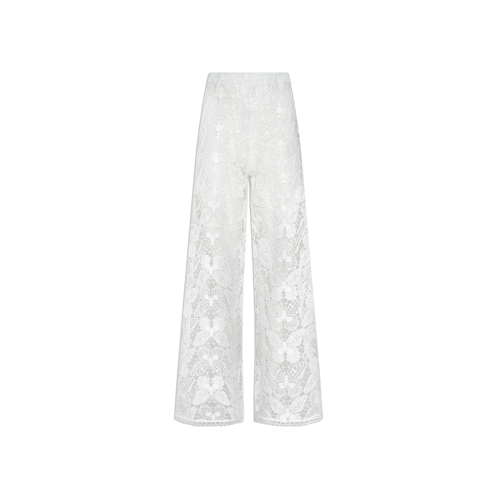 The Geraldine Cover-Up Pant is a white lace, high-waisted wide-leg pant showcasing a sheer floral pattern and subtle bohemian inspiration. Delicate and elegant, these pants are displayed against a plain white background.
