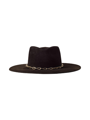 The Umbra Hat by L'AGENCE, a felt wide brim hat with a gold chain accent around the crown, is shown against a plain white background.