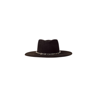The Umbra Hat is a handcrafted wide brim hat in black felt, adorned with a decorative silver chain around the base of the crown, and is showcased against a plain white background.