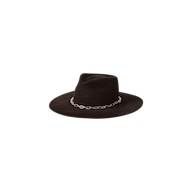The Umbra Hat is a wide-brimmed black felt design featuring a decorative gold chain band around the base of the crown, beautifully showcasing handcrafted millinery against a white background.