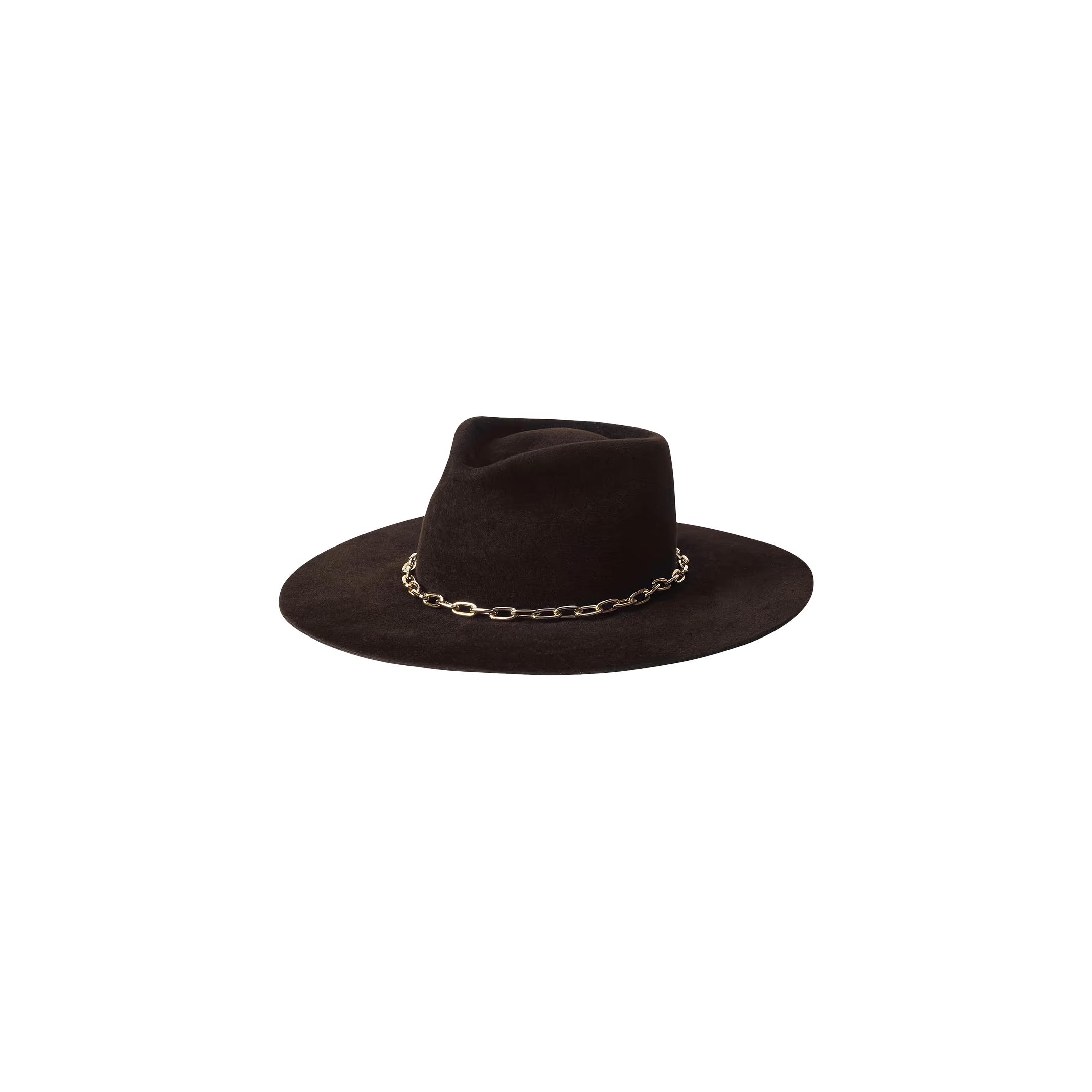 The Umbra Hat is a wide-brimmed black felt design featuring a decorative gold chain band around the base of the crown, beautifully showcasing handcrafted millinery against a white background.
