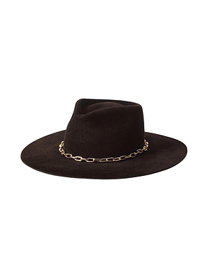 The Umbra Hat by L'AGENCE is a wide-brimmed, dark brown felt hat with a gold chain detail at the crown, shown on a white background.