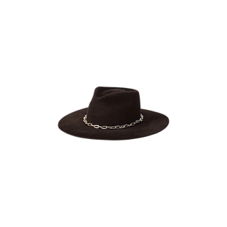 The Umbra Hat is a handcrafted wide-brimmed black fedora, featuring a gold chain band elegantly encircling the base of the crown and showcased against a plain white background.