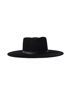 The Reyes Leather Band Fedora by L'AGENCE features a jet-black felt design with a wide brim, flat crown, and slim black leather band, displayed against a plain white background.