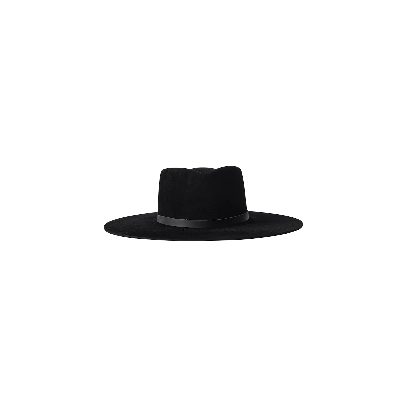 The Reyes Leather Band Fedora is a black, wide-brim hat featuring a flat crown and a thin leather band, expertly handcrafted in LA from premium felt and shown against a plain white background.