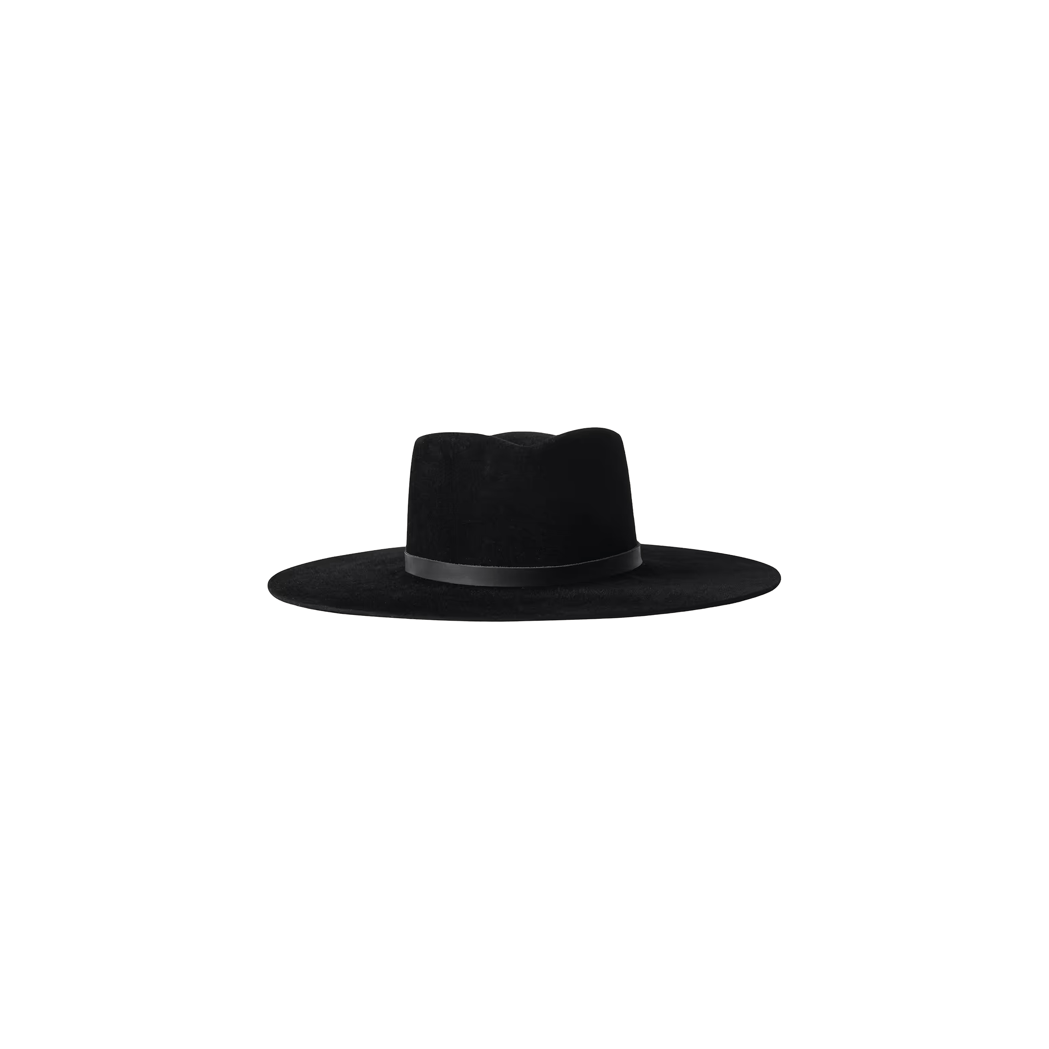 The Reyes Leather Band Fedora features a black felt wide brim, a flat crown, and is accented with a sleek black leather band, shown against a plain white background.