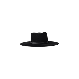 The Reyes Leather Band Fedora is a black, wide-brim hat featuring a flat crown and a thin leather band, expertly handcrafted in LA from premium felt and shown against a plain white background.