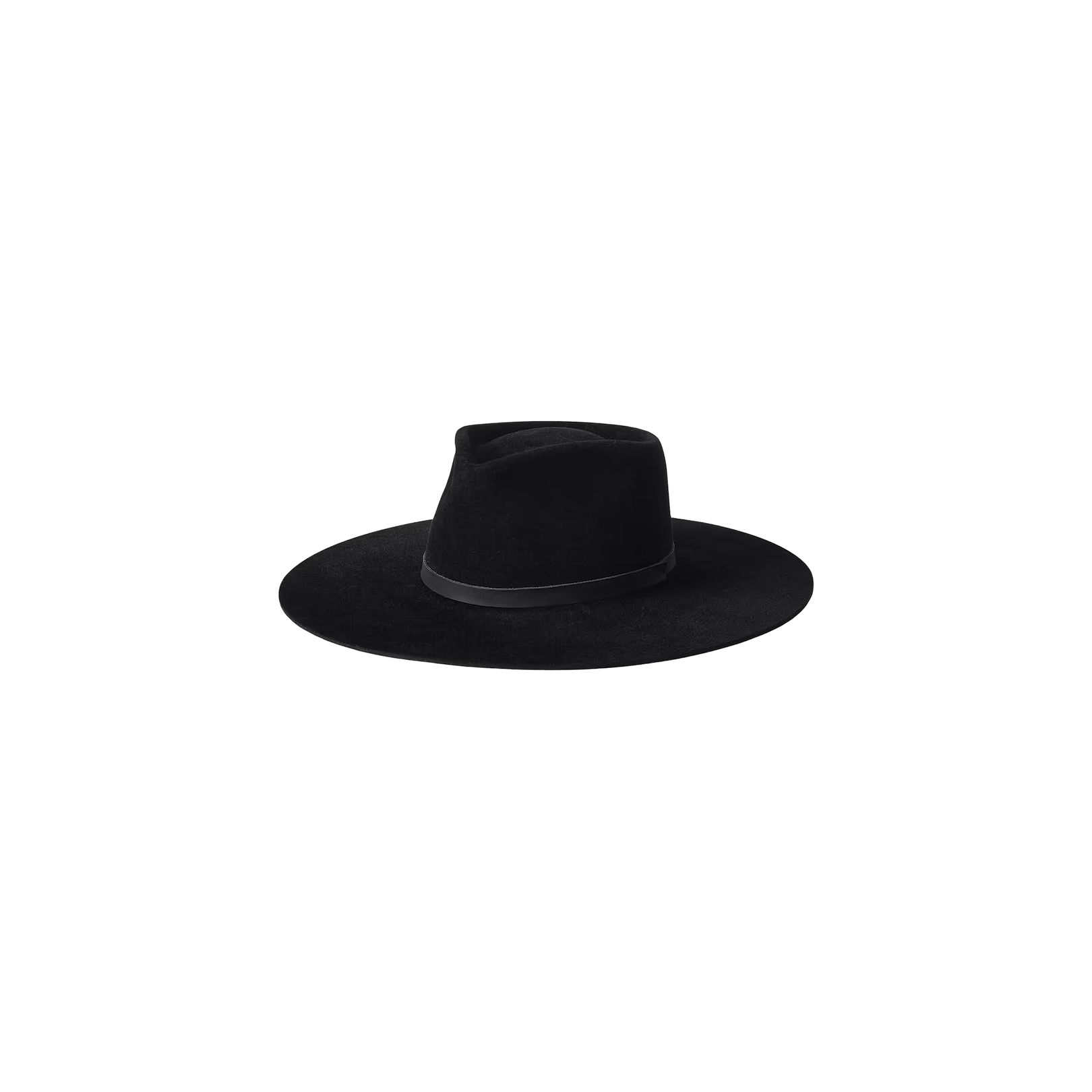 Handcrafted in LA, the Reyes Leather Band Fedora features a wide brim, flat crown, and a simple black leather band around the base, displayed against a plain white background.