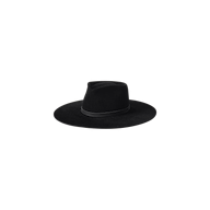 The Reyes Leather Band Fedora is a handcrafted wide-brim felt hat featuring a flat crown and a matching black leather band, showcased against a plain white background.