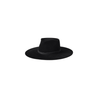 Handcrafted in LA, the Reyes Leather Band Fedora features a wide brim, flat crown, and a simple black leather band around the base, displayed against a plain white background.