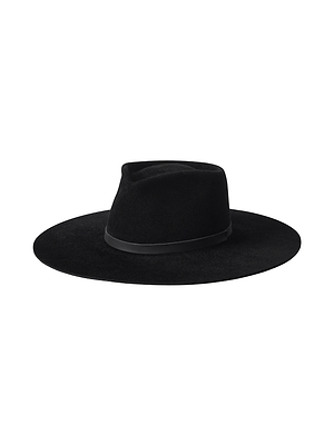 A wide-brim Reyes Leather Band Fedora by L'AGENCE, featuring a flat crown and black leather band, shown against a white background.