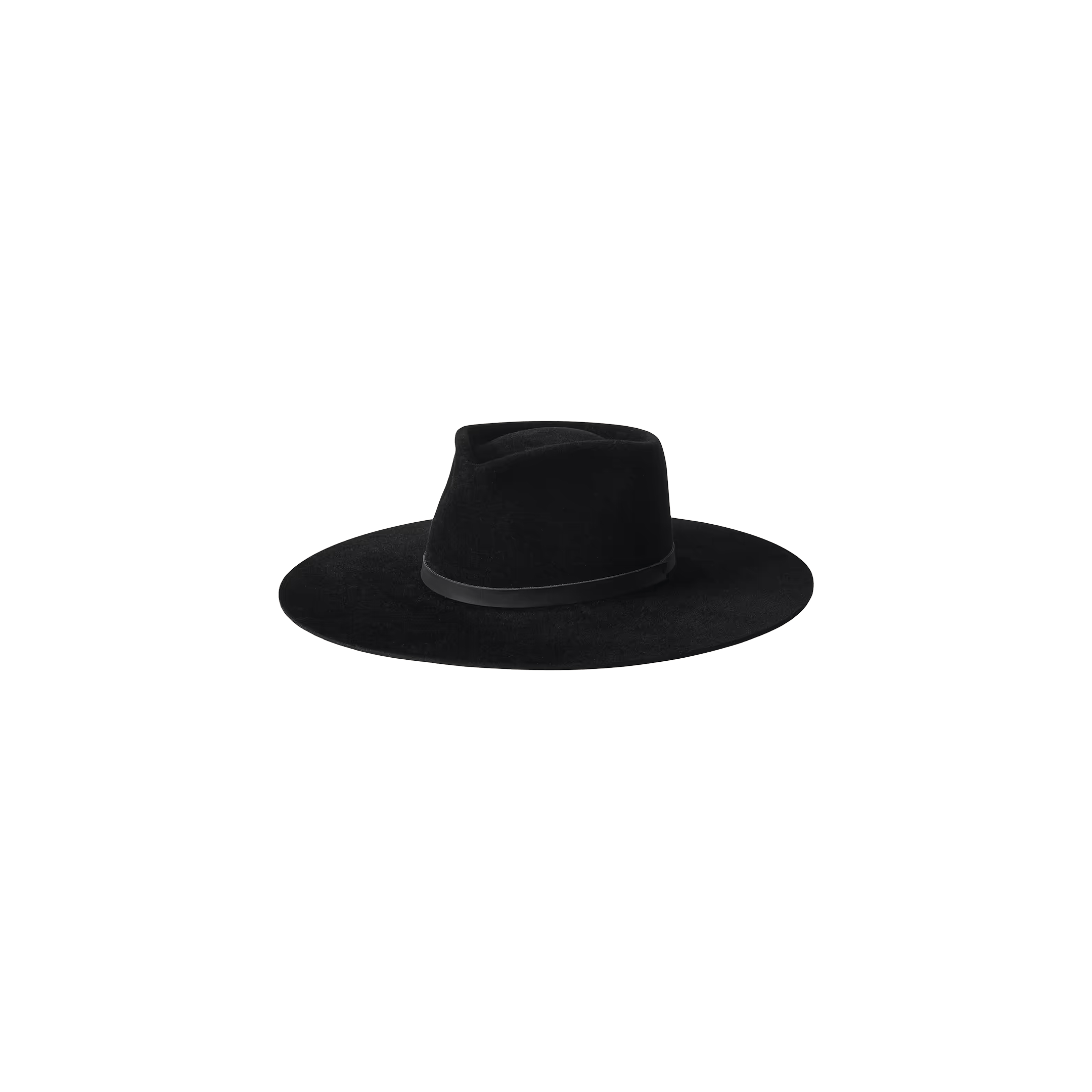 The Reyes Leather Band Fedora features a wide-brimmed black felt design with a pinched crown and a slim black leather band, beautifully showcased against a plain white background. Handcrafted for quality, this hat seamlessly blends classic style with modern elegance.