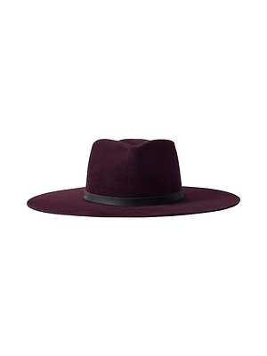 The Reyes Leather Band Fedora features a wide brim, flat crown, and dark purple handcrafted felt with a black leather band, shown on a plain white background.