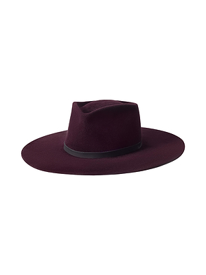 The Reyes Leather Band Fedora is a wide-brimmed, dark burgundy felt hat with a flat crown and a black leather band, shown on a white background.
