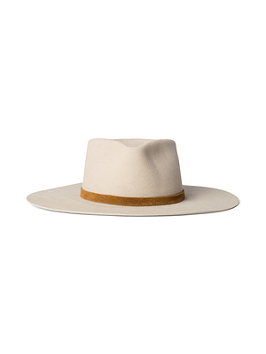 The Reyes Leather Band Fedora is a wide-brimmed, light beige felt hat featuring a brown leather band, handcrafted in LA and shown against a plain white background.
