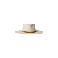 A cream-colored felt wide brim hat with a light brown leather band around the crown, the Reyes Leather Band Fedora by Gladys Tamez Millinery, displayed on a plain white background.