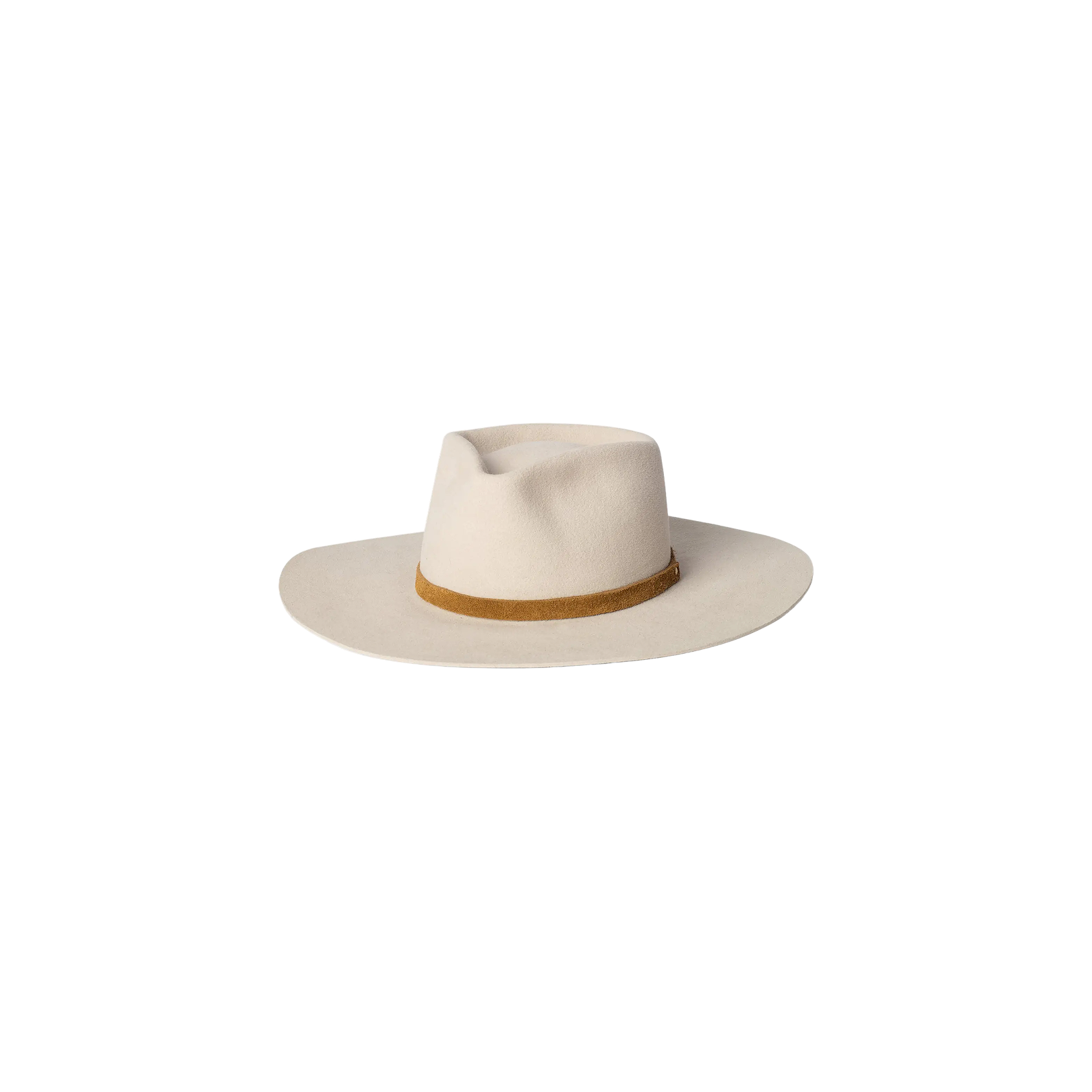 Introducing the Reyes Leather Band Fedora: a handcrafted, cream-colored felt hat featuring a wide brim and a stylish brown leather band encircling the base of the crown, elegantly displayed against a plain white background.