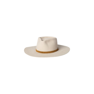 Introducing the Reyes Leather Band Fedora: a handcrafted, cream-colored felt hat featuring a wide brim and a stylish brown leather band encircling the base of the crown, elegantly displayed against a plain white background.